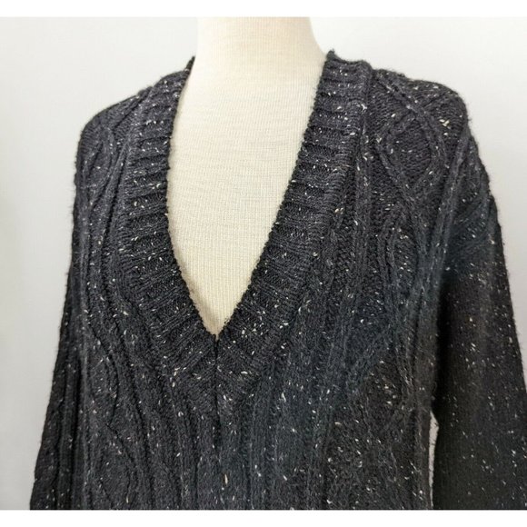 Vintage 90s Sweater Dark Gray Chunky V-Neck Oversize Cable Knit Misses Size M - Picture 4 of 8